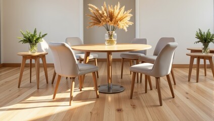 Chic indoor scene: Round wood table with stainless steel legs, flanked by six sleek, light gray leather-upholstered chairs. A matching round table enhances the elegant ensemble