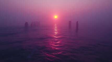 Misty sunrise over still water with old wooden posts.