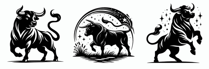 Fototapeta premium A bold, artistic depiction of three stylized bulls, showcasing dynamic poses and intricate details in black and white.