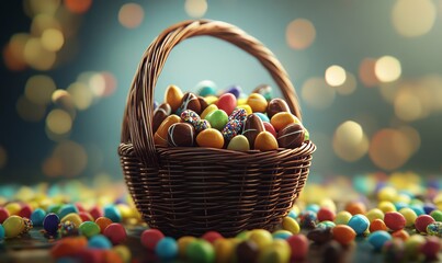 Easter basket filled with chocolate bunnies and colorful candy
