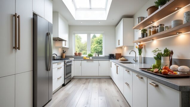 Elevated perspective captures a chic kitchen featuring pristine white cabinets, sleek gray concrete countertops, and a textured gray tile backsplash. Minimalist design with clean lines exudes modern e