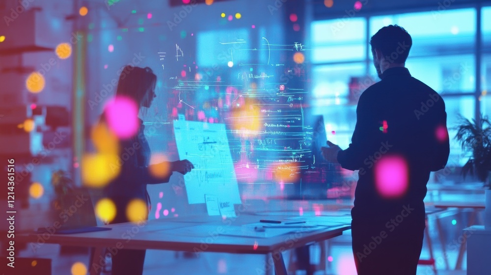 Poster two software engineers are working late at night, analyzing code and data projected on a futuristic 