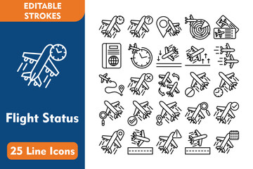 Flight Status 25 Line Icon Set Included Icons delayed, cancelled, searching, on time, tracker, 