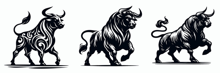 Obraz premium Three stylized bull illustrations, each featuring unique designs, showcasing strength and vitality in bold black and white.