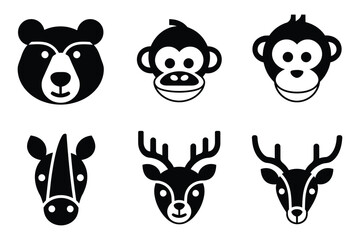 Minimalist Black Silhouette Animal Face Vector Icons - Bear, Duck, Monkey, Rhinoceros, Deer, Turtle - World Wildlife Day Designs
