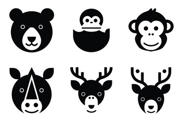 Minimalist Black Silhouette Animal Face Vector Icons - Bear, Duck, Monkey, Rhinoceros, Deer, Turtle - World Wildlife Day Designs