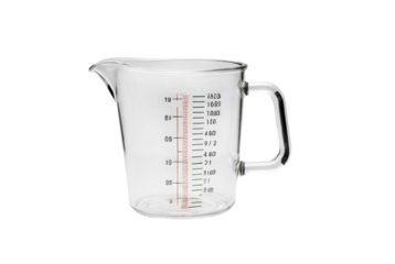 A clear glass measuring jug with measurement markings for precise liquid measurement on a white background