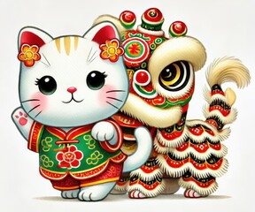 Fototapeta premium A Maneki-neko cat in a lion dance costume. Cute cartoon watercolor illustration.