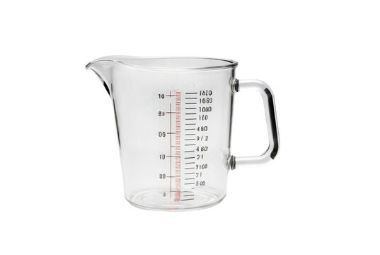 A clear glass measuring jug with measurement markings for precise liquid measurement on a white background