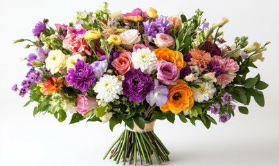 Colorful flowers arranged in a loose bouquet with some stems leaning against each other, pastel hues, fresh flowers, spring flowers, colorful bouquets