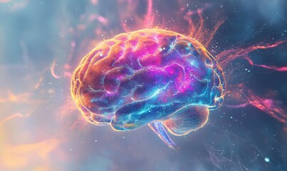 Colorful brain lifting off with energy suggesting breakthrough