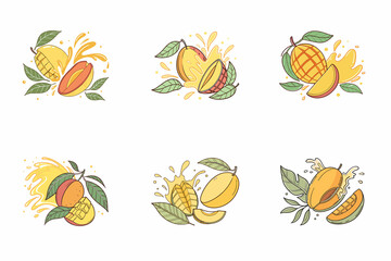 Fresh delicious Mango icon set splashing with leaves, cut out vector illustration.