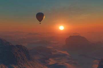 Fototapeta premium Serene Sunrise: Hot Air Balloon Ascending Majestic Desert Dunes, Vibrant Horizon Glow, Upscaled High-Resolution Image Perfect for Travel, Adventure, and Nature-Themed Designs, Prints, and Digital 