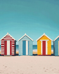 Colorful beach huts on a sunny seaside with clear blue sky