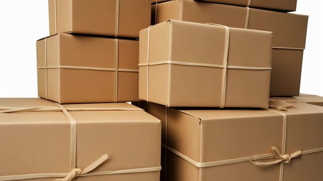Stacked Cardboard Boxes: A close-up shot of multiple cardboard boxes secured with string, suggesting a sense of anticipation and delivery.