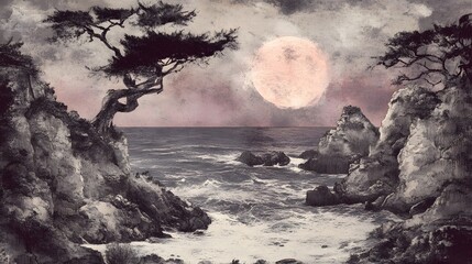 Fototapeta premium Moonlit Coastal Cliffs Dramatic Ocean Scene Artistic Landscape