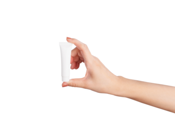 Female hand holding blank cosmetic bottle isolated on white background