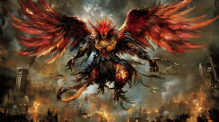 Fiery Griffin Fantasy Creature  Apocalyptic Cityscape
