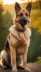 Fototapeta premium A majestic German Shepherd standing on a hilltop during sunset, with a panoramic view of rolling green hills and golden light