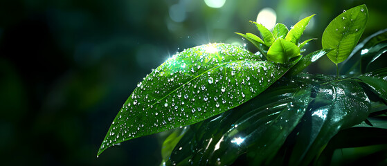 Nature's glimmering leaf with water droplets tropical rainforest macro photography lush environment close-up serenity