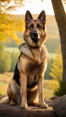 Fototapeta premium A majestic German Shepherd standing on a hilltop during sunset, with a panoramic view of rolling green hills and golden light