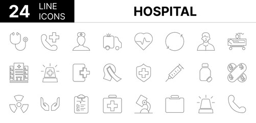 Collection of 24 hospital line icons featuring editable strokes. These outline icons depict various modes of hospital, health, medicals, doctor, line, care, clinic, emergency, medicine, pharmacy,