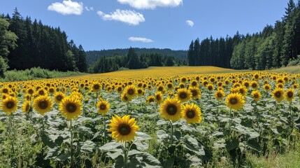 Obraz premium A scenic summer field of sunflowers, their vibrant petals glowing in the mid-morning sunlight