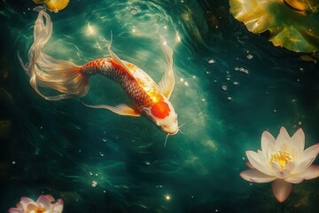 underwater ballet iridescent koi fish dancing through jade waters, trailing silk-like fins among scattered light beams and lotus petals
