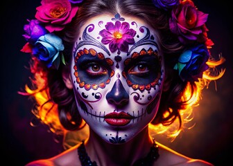 Intricate Sugar Skull Makeup Silhouette - Close-Up View, Halloween Beauty