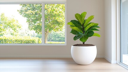 Fototapeta premium Fiddle-leaf fig plant in a white ceramic pot stands in a bright minimalist room next to a large window.