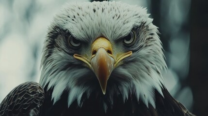 Fototapeta premium Close-up of a bald eagle's sharp gaze with its powerful beak and distinctive white head.