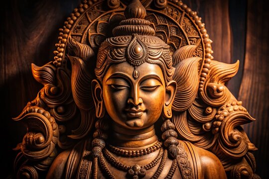 Intricate Wooden Shiva Sculpture - Low Light Photography
