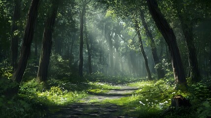Obraz premium Sunlit Forest Path Magical Woodland Trail Lush Green Trees