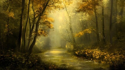 Obraz premium Autumn River Scene Golden Forest Stream Fall Colors