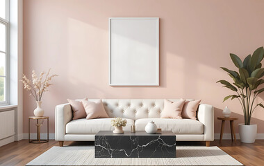 A minimalist living room with a soft blush pink wall, showcasing a framed poster mockup in a pure white frame with a black border. The poster is ISO A paper size