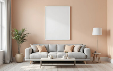 A minimalist living room with a pale peach wall, showcasing a framed poster mockup in a pure white frame with a black border. The poster is ISO A paper size, centered above a grey linen sofa. 