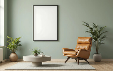 A minimalist living room with a soft sage wall, showcasing a framed poster mockup in a pure white frame with a black border. The poster is ISO A paper size, centered above a caramel leather recliner.