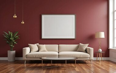 A minimalist living room with a rich burgundy wall, showcasing a framed poster mockup in a pure white frame with a black border. The poster is ISO A paper size