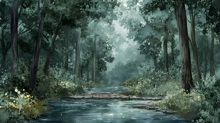 Obraz premium Serene Forest Stream Misty Green Trees Tranquil Water Stone Path