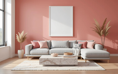 A minimalist living room with a soft blush pink wall, showcasing a framed poster mockup in a pure white frame with a black border. The poster is ISO A paper size.