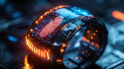 Cutting-edge smartwatch with a glowing display, capturing a fingerprint with a sleek, high-tech design for a futuristic look.