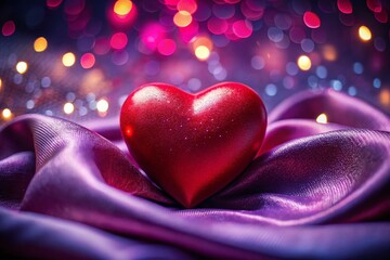Obraz premium Isolated Red Heart on Purple Satin with Red Star Bokeh Background - Romantic Valentine's Day Concept