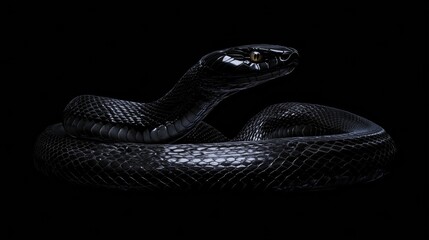Fototapeta premium Black mamba snake coiling with its head raised on a black background, creating a dramatic and mysterious scene