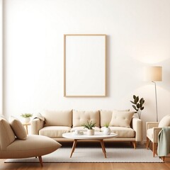 Frame mockup, ISO A paper size. Poster mockup on living room wall. Interior mockup with modern minimalist living room design. A bright, elegant space with a white sofa,