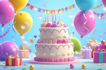 Illustration of tiered birthday cake with party balloons and candles