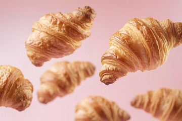 French pastry croissants in air on pink background