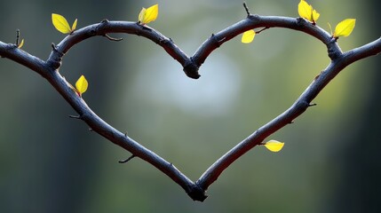 Branch with leaves has been shaped into a heart. The heart is made of branches and leaves, and it is surrounded by a green background. Concept of love and warmth