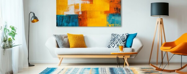 Colorful living room setup with modern sofa and vibrant wall art in a cozy space