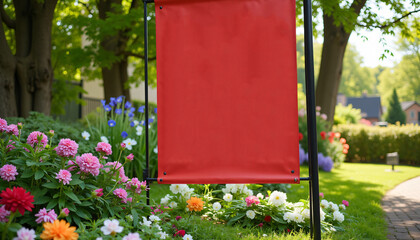 Blank red signboard in a vibrant flower garden on a sunny day
