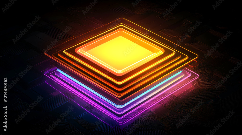 Poster Colorful neon illuminated processor in a futuristic circuit board design